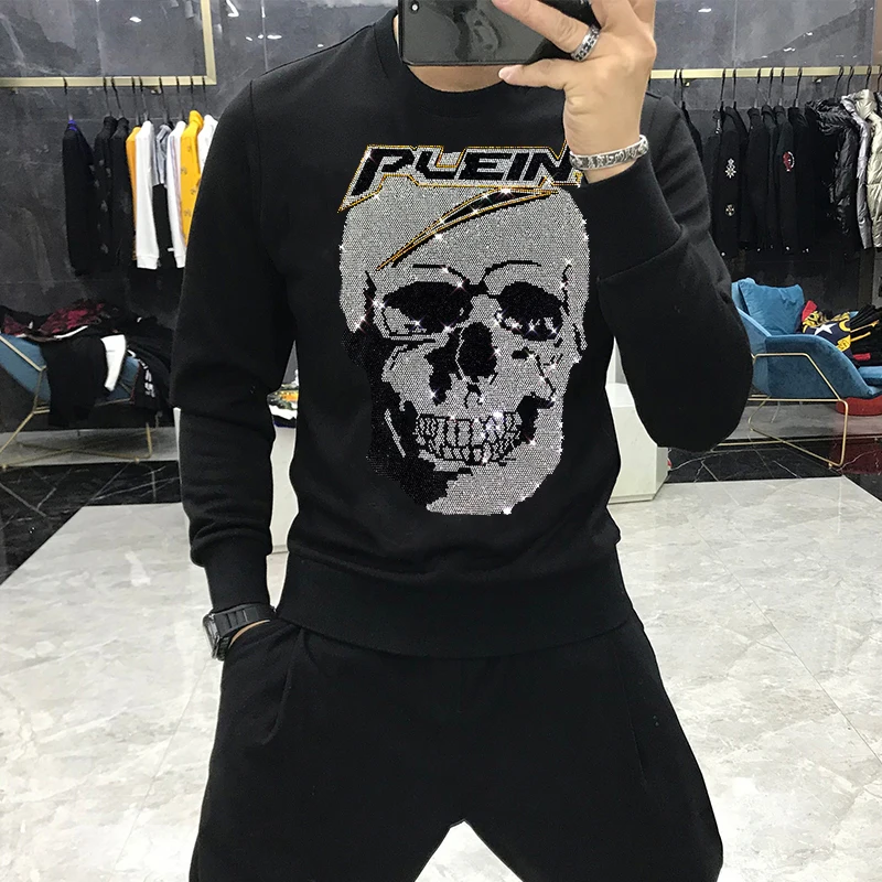 

Trendy New Style Men's Oversized Hoodie Cotton O-Neck Hoody Casual Rhinestone Skull High Quality Hot-Selling Pullover