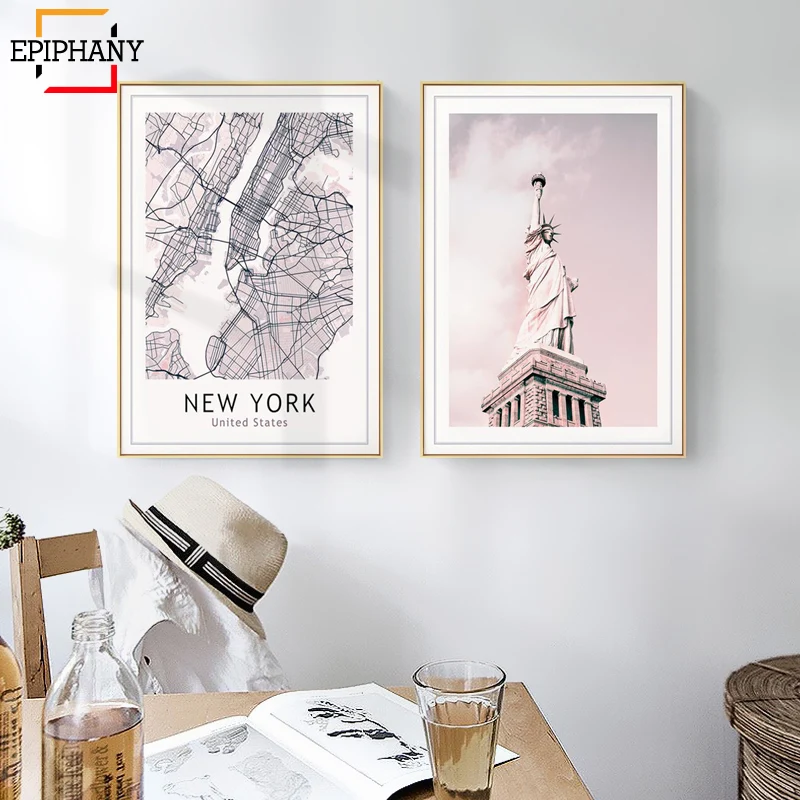 Современный домашний декор Нью Йоркская карта NYC постер розовый художественный