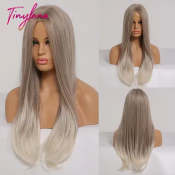 

TINY LANA Long Straight Grey Ombre Hair Synthetic Wigs Middle Part Natural Hair for Women Cosplay Wig High-Temperature Fibre