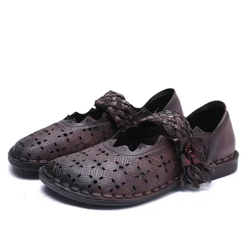 

YourSeason Hook Loop Mary Janes Flats Retro 2020 New Summer Autumn Genuine Leather Casual Round Toe Sewing Ladies Flower Shoes