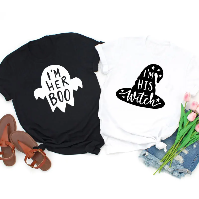 

I'm Her Boo I'm His Witch Couples Halloween T-shirts Funny Unisex Graphic Tees Tops Plus Size Women Crewneck Holiday Fall Tshirt
