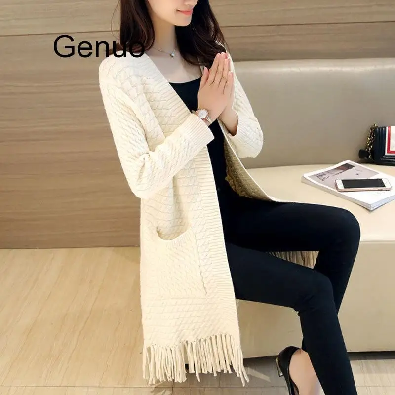 

2020 Women Sweater Elegant Long Knitting Cardigan Sweater Women Jumper Female Long Sleeve Tassel Sweater Beige Knit Sweater