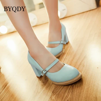 

BYQDY Lolita Mary Jane Pumps Thick Heels Womens Shoes Buckle Office Dress Shoes Fashion PVC Pink Blue High Heel Ladies Pumps 11