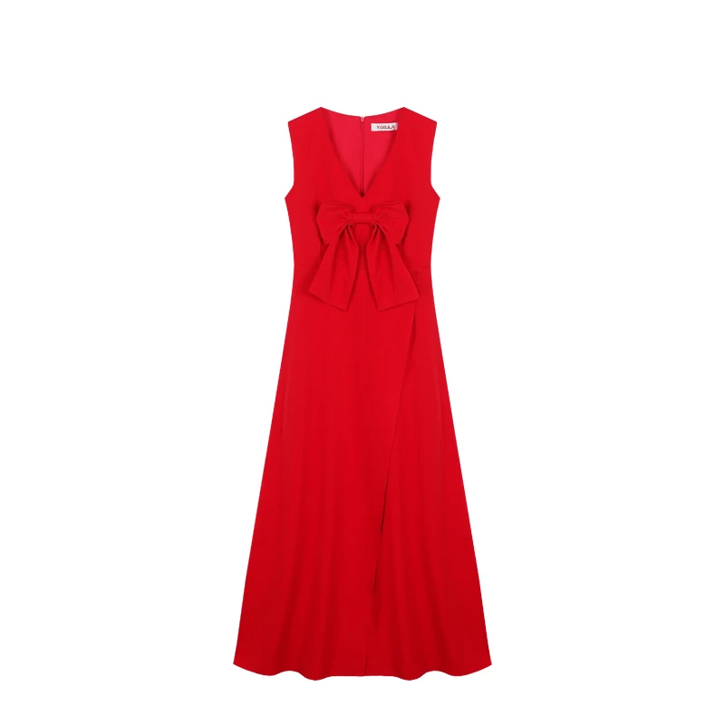 

YIGELILA Women Red Long Dress Summer V-neck Sleeveless Bow Slim Solid Ankle-length A-line Dress 669100