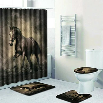 

Shower Curtain Horse Print Bathroom Shower Curtain Toilet Lid Cover Carpet Foot Pad Non-slip Durable New Decor
