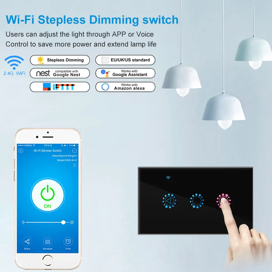 WiFi диммер, умный светильник, сенсорный переключатель, Диммируемый, совместим с Amazon Alexa Google Home, Диммируемый, 110 В, 220 В, стандарт США, ЕС