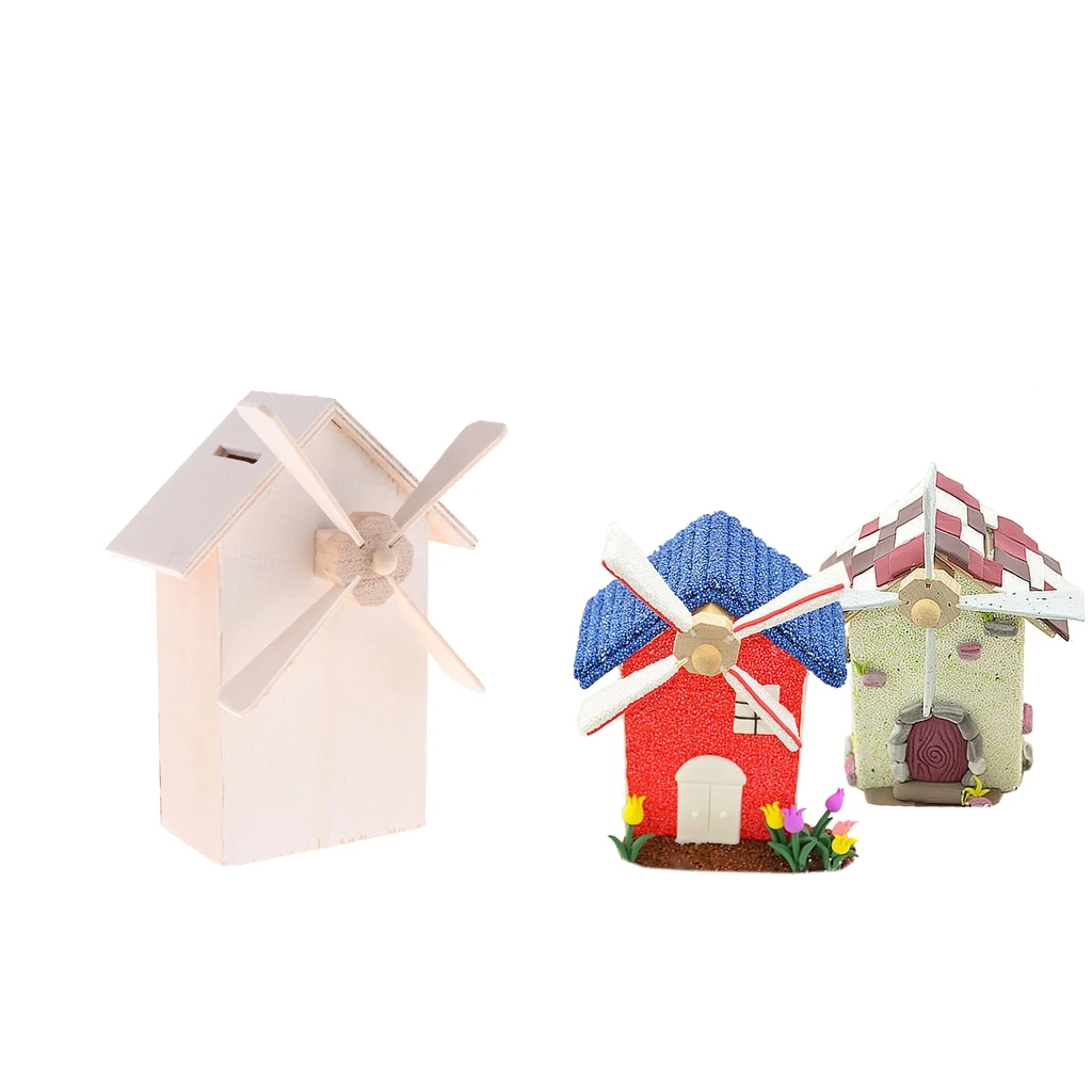 Unpainted Wood Craft Windmill Coin Bank Money Box Piggy Bank For Crafting Decorating Children's DIY Projects
