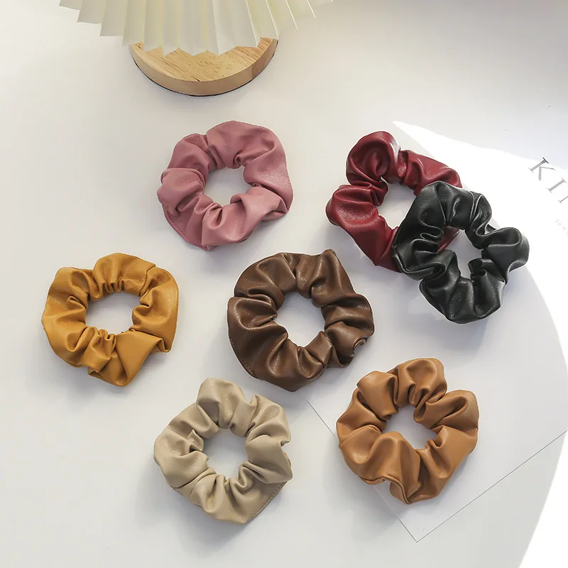 pink hair clips Stylish PU Leather Scrunchies Solid Hair Rubber band For Women Girls Elastic Hair bands Ponytail Holder Fashion Hair Accessories hair accessories for brides