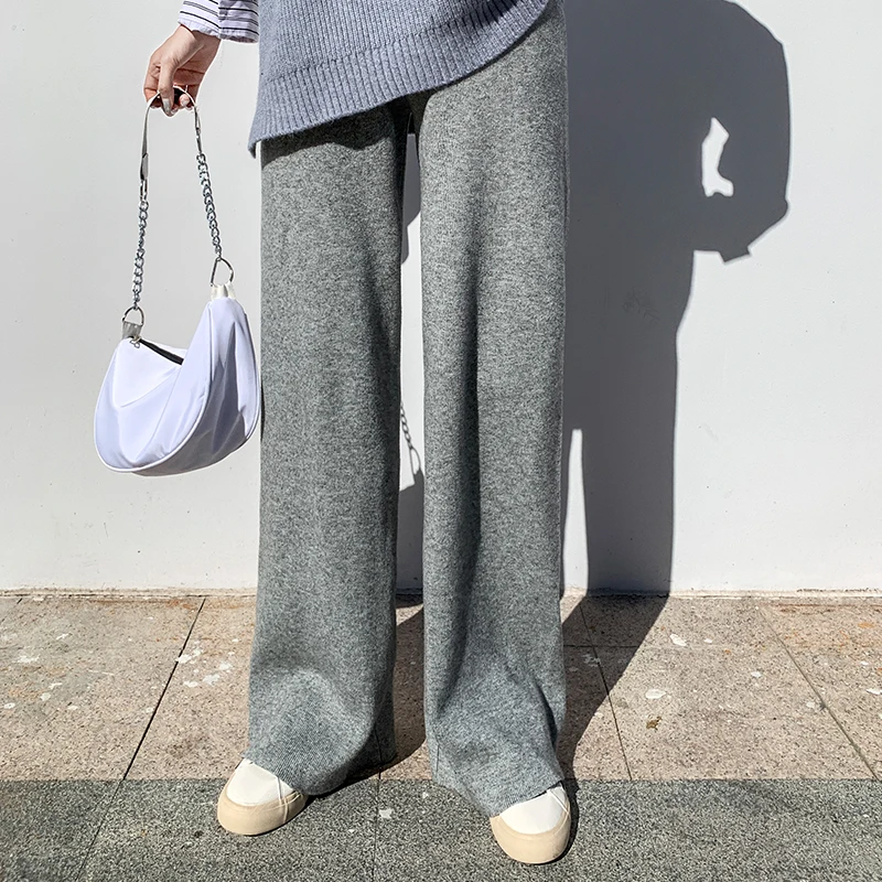 

2020 Women Autumn Winter Elastic High Waist Wide Leg Knitted Long Pants Drape Straight Loose Casual Midi Trousers