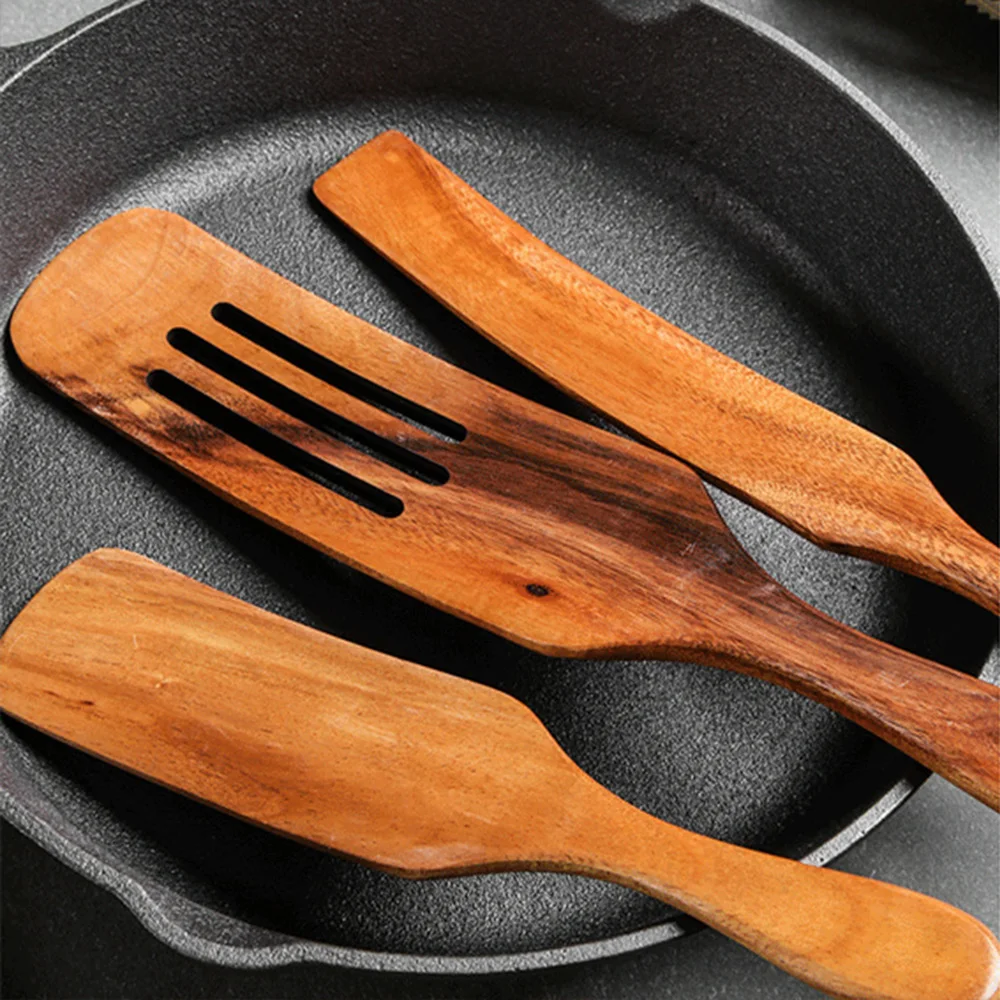 1-5pcs Slotted Spurtle Spatula Sets for Stirring Natural Teak Kitchen Utensil Set Heat Resistant Non Stick Wood Cookware