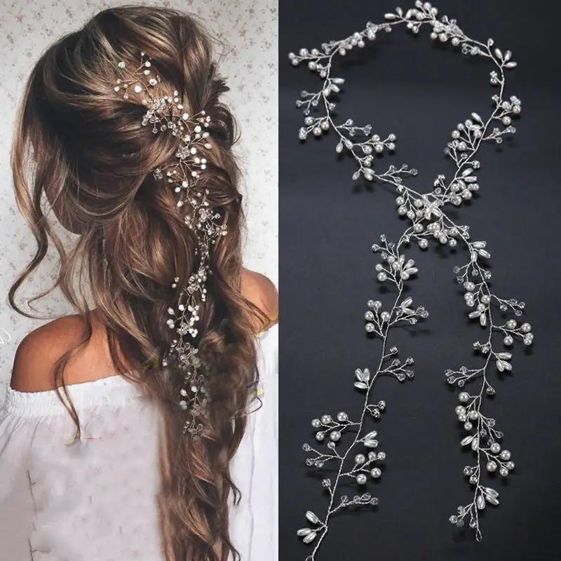 

Newest Trendy Fashion Women Girls Pearl Crystal Chain Hairband Luxury Silver Gold Wedding Hair Vine Handmade Flower Headwear