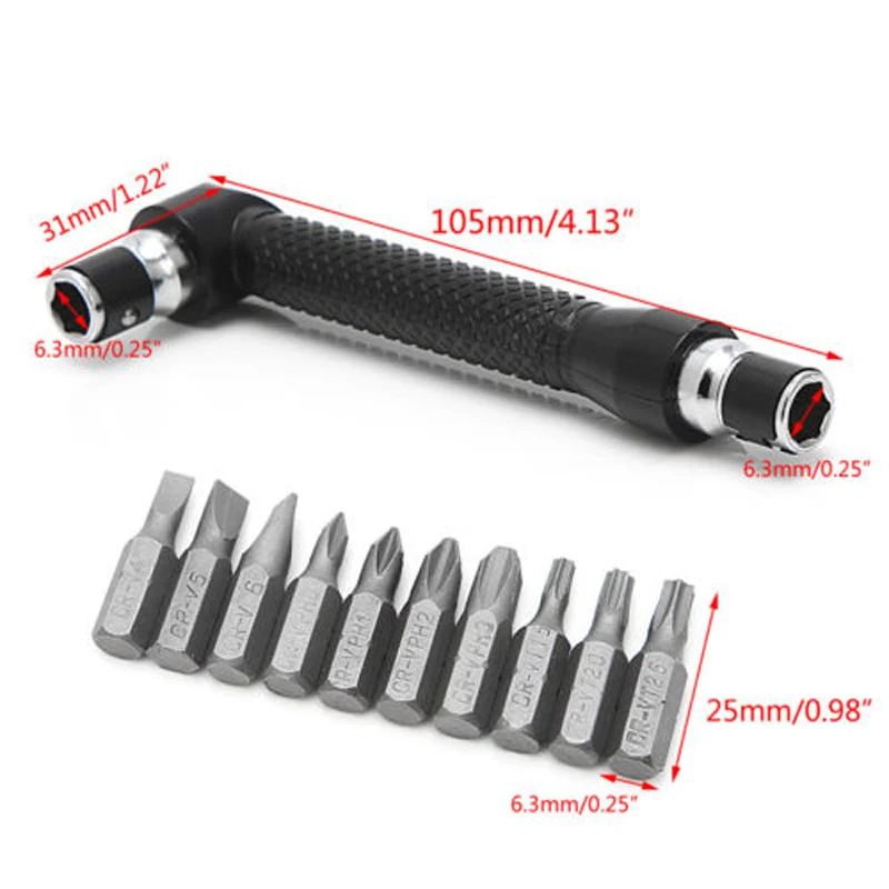 DWZ 10 in 1 Angle Head L-shaped Twin Wrench Driver Torx Flat Socket Screwdriver Bit