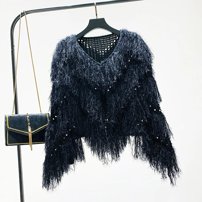 

2020 Autumn Winter Diamond Tassel Sweater Cardigan Coat Irregular Bat Sleeves Knitted Long Sleeves Slim Sweaters Ladies Kardigan