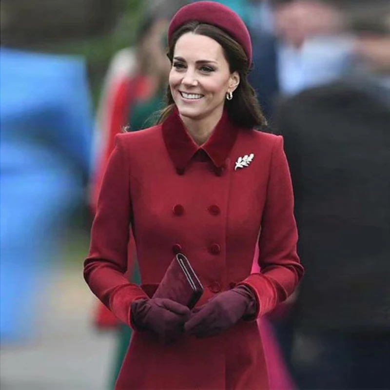 Kate Middleton бархатное двубортное красное шерстяное пальто с длинным рукавом, длинное приталенное пальто, высокое качество, новинка, для женщин