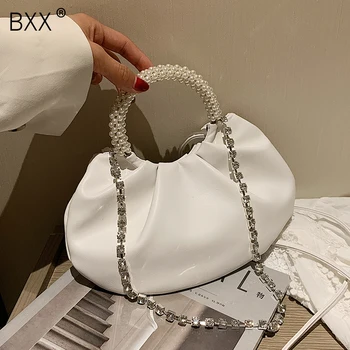 

[BXX] PU Leather Shoulder Bags For Women 2020 Autumn Winter Small Pearl Chain Crossbody Bag Female Travel Handbags HO031