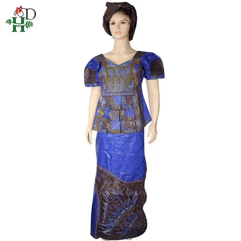 H& D Дашики африканская одежда для женщин топы юбка костюм с повязкой на голову вышивка короткий рукав Футболка традиционная одежда - Цвет: Синий