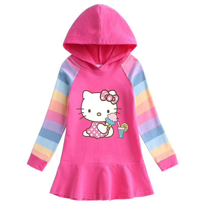thumbnail image 1 of Hello Kitty-vestido con estampado de dibujos animados para niña, suéter con capucha de manga larga de arcoíris de algodón puro, falda de princesa dulce, primavera y otoño, 1 of 4