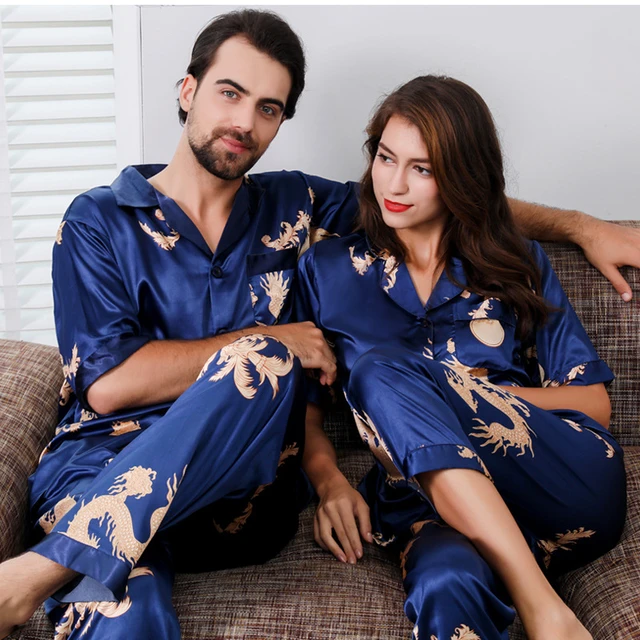 Men Women Silk Satin Pajamas Set Couple Sleepwear Lovers Unisex Nightwear  Plus