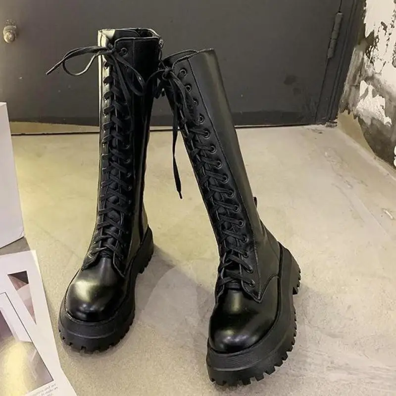 Chunky Platform Pu Leather Knee High Boots Women Punk Increasing Long Woman Lace Up Booties Mujer 2022 Zip Chelsea Women Shoes