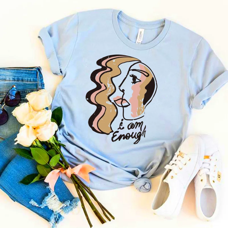 I am Enough Women Abstract Painting Aesthetic Graphic Tees Summer Casual Short Sleeve Tops Tumblr Hipster O Neck Humor T shirts | Женская