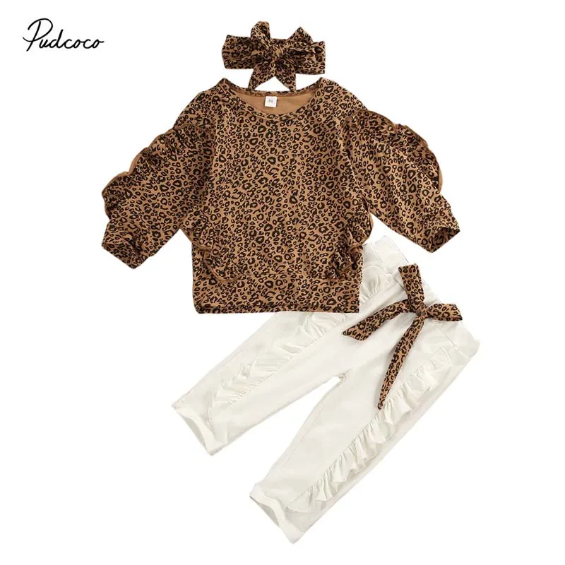 

2020 Baby Spring Autumn Clothing Kid Baby Girl Clothes Ruffle Leopard Long Sleeve Shirt Tops Leggings Pants Outfit Set Tracksuit