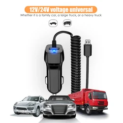 Cargador de coche de línea de resorte 2.4A, tipo rápido, carga Micro USB, indicador LED, Cargador automático