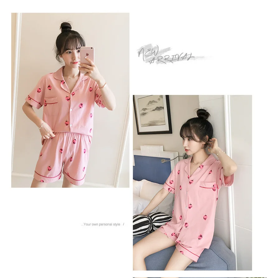 South Korea Pajamas Summer Online Celebrity Style Strawberry Fold-down Collar Short Sleeve Shorts Pure Cotton WOMEN'S Suit-Outer