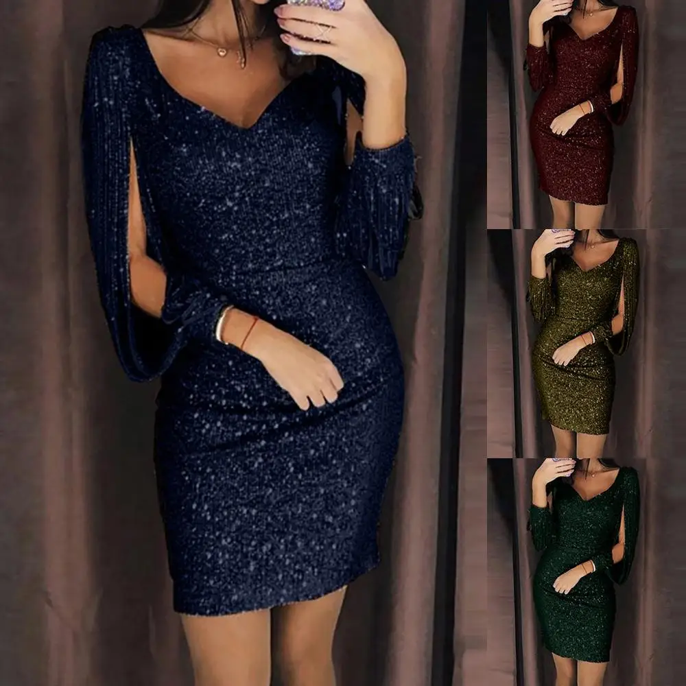 

Sexy Women Dress 2019 Fashion V Ncek Solid Sequined Glitter Stitching Shining Club Sheath Long Sleeved Mini Dress For Female A3