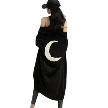 

Moon Jacquard Cardigan Black Long Sleeve Sweater Women Truien Dames Knitting Loose Overknee Befree Harajuku Plus Size Streetwear