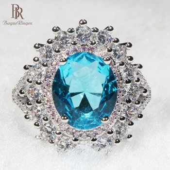 

Bague Ringen classic 925 sterling silver ring for charm women big round shape blue sapphire gemstones women party gift size 6-10