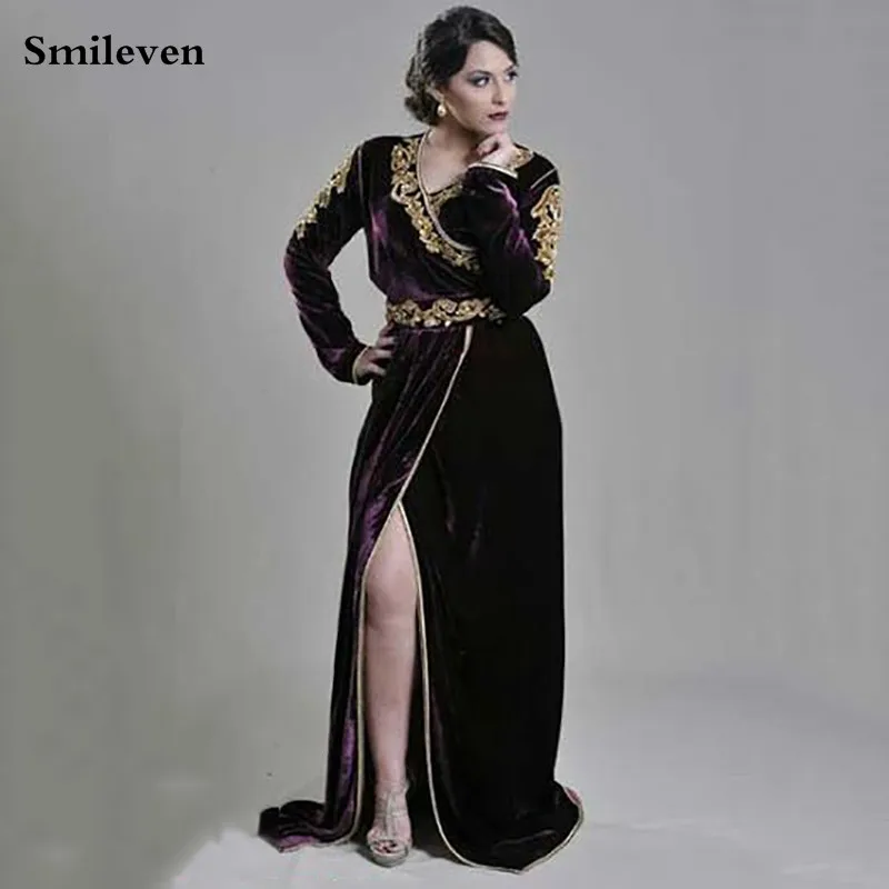 

Smileven Dark Purple Gold Lace Morocco Caftan Evening Dresses Side Split Velvet Prom Party Gowns Dubai Special Occasion Dress