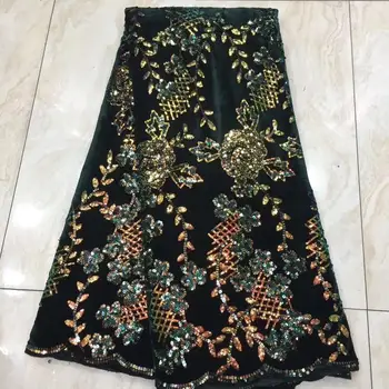 

New African Lace Fabric with green/gold sequins design tulle velvet embroidery velvet Fabric Used for Africa women Party dress