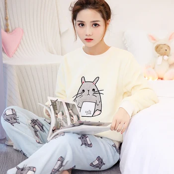 

2020 New Women Pajama Sets Autumn Winter Pajamas Flannel Cartoon Thick Warm Women Sleepwear Cute Animal Female Homewear