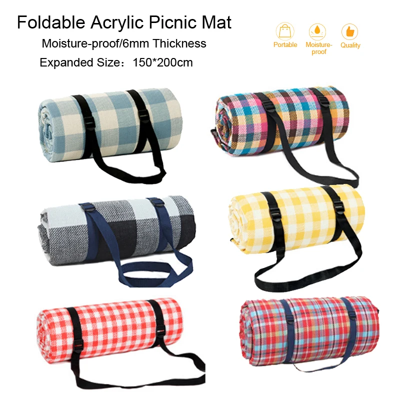 

150*200cm Plaid Pattern Picnic Mat Foldable Yoga Thick Camping Mattress Beach Blanket Sleeping Pad Moisture Proof &Portable