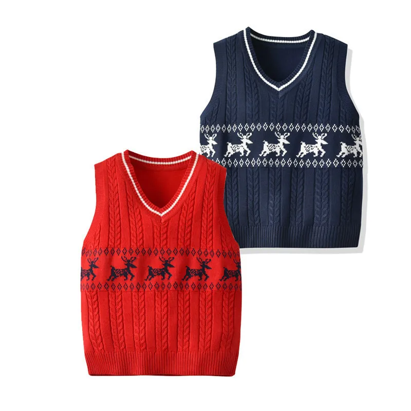 Жилет для мальчиков 2, 3, 4, 5, 6, 7 лет вязаный свитер без рукавов с принтом оленя Рождественская Одежда для мальчиков модный детский жилет с v-образным вырезом