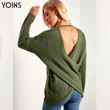 

YOINS 2020 Autumn Winter Sweater Women Backless Crossed Jumper O Neck Long Dolman Sleeve Sweaters Sexy Casaco Casual Pullover