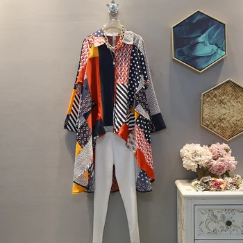 

[EWQ] 2020 Spring Autumn New Pattern Laple Long Sleeve Hit Colors Asymmetrical Patchwork Single Breasted Shirt Women AK58809