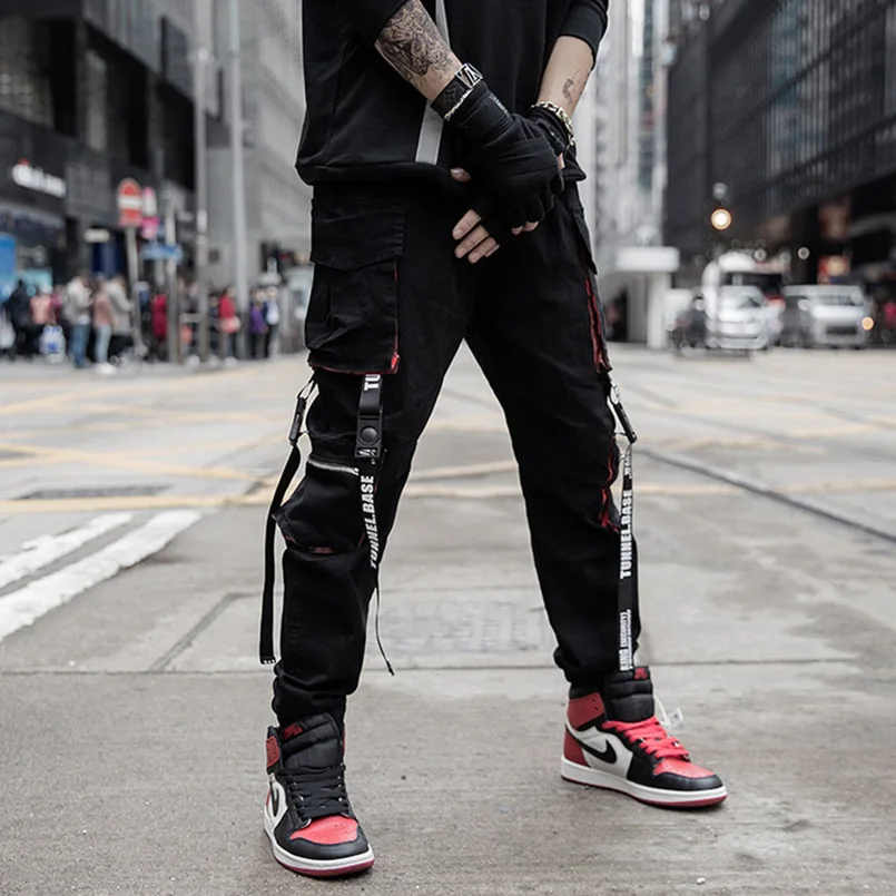 

Spring Men's Ribbons Cargo Techwear Pants European American Trendy Brand Streetwear Hip Hop Multi-Pocket Casual Trousers 2023