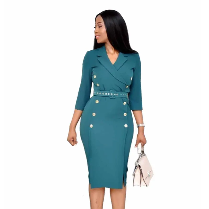 Women Formal Blazer Dress Office Lady Business Work Notched Double Breasted Fashion Bodycon Dresses with Sash Autumn Summer