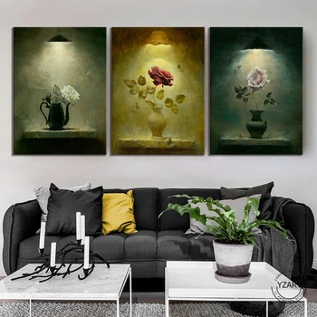 

3pcs Roses In The Lamplight Wall Art Pictures Voor Woonkamer Moderne Decoratieve