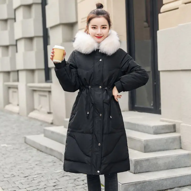 Women Winter White Duck Down Long Coat With Real Raccoon Fur Collar Hooded Jacket Female Casual Warm Down Parka Jacket N142
