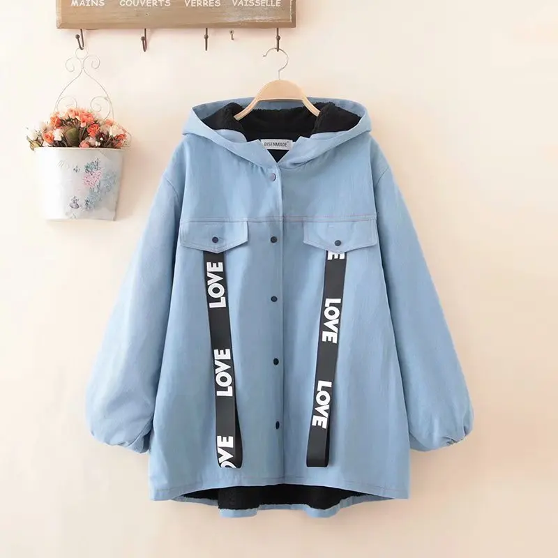 

C10-5241 Korean-style College Style Large Size Ribbon Cowboy Faux Cashmere Cotton Overcoat Women's AliExpress
