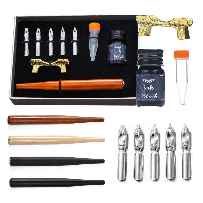 

Calligraphy Fountain Dip Pen with 5 Nibs Ink Kit Gift Box for Lettering Sketching Drawing Stationery