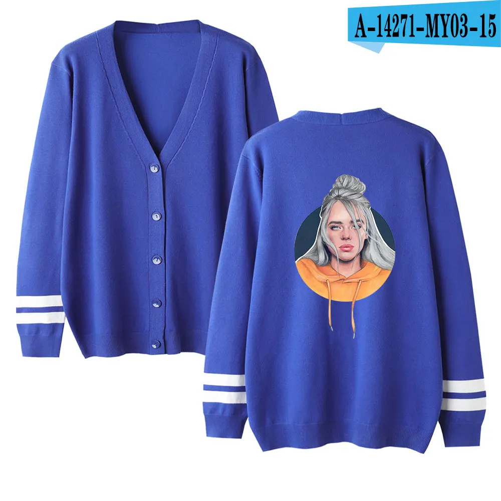 Billie Eilish женский/мужской осенний/Зимний женский вязаный кардиган размера плюс, пальто, Маленькая шаль, вязаная одежда в стиле хип-хоп, Billie Eilish, свитер - Цвет: blue