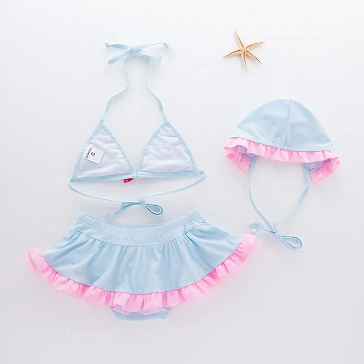 

Girls' Two-piece Swimsuit Hipster Pink And Blue Swimwear Children Hot Springs Tour Bathing Suit Three-piece Set