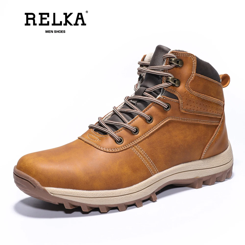 

RELKA 2019 Winter Boots Men Leather Warm Fashion Cowboy Boots Men Shoes Comfortable Big Size 45 46 47 48 Desert Boots B24