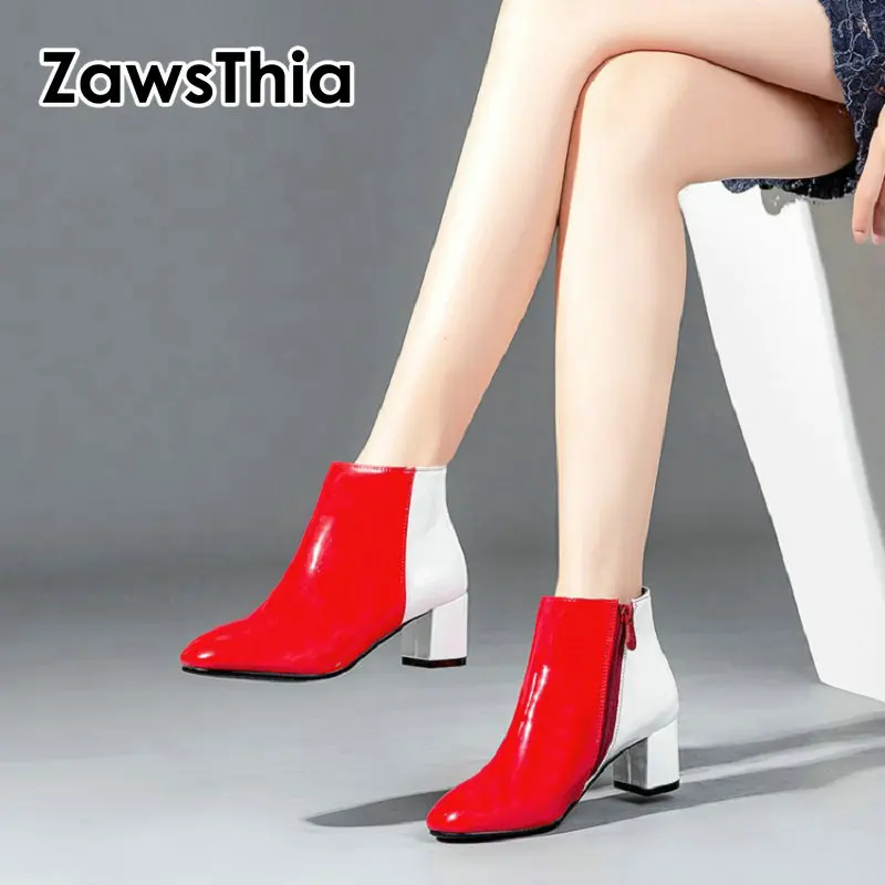 

Contrast Color Fashion Patent PU Leather Red Ankle Boots Women Spring Autumn Square High Heel Zipper Boots Round Toe Woman Shoes