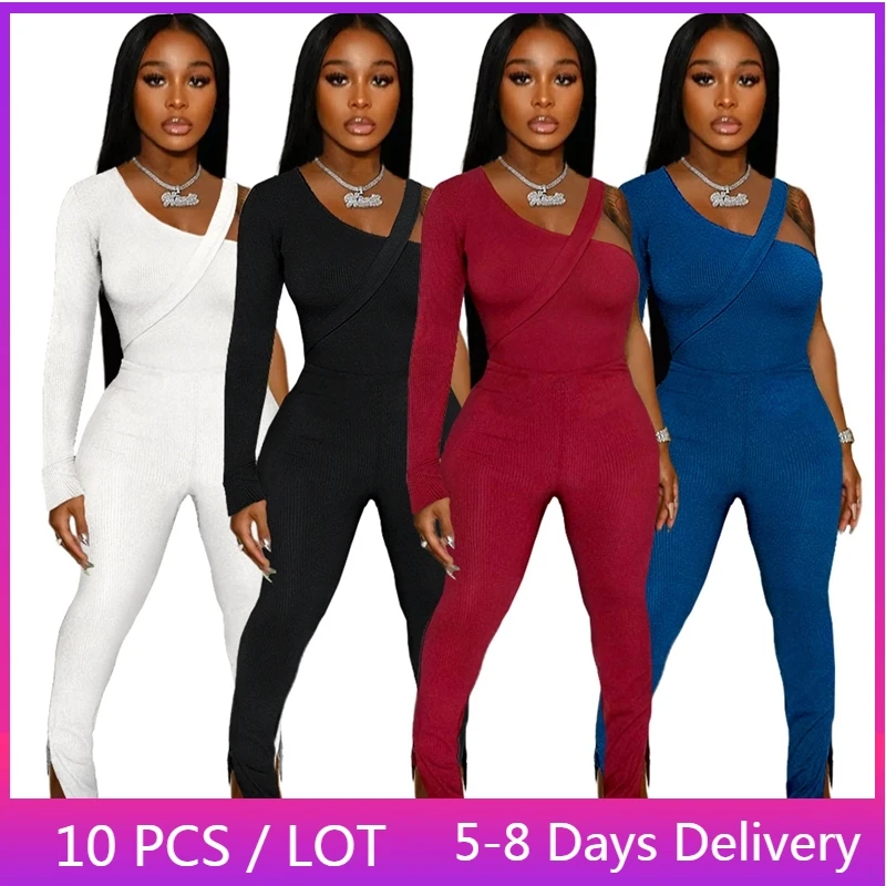 

Wholesale Items Ribbed Womens Two Piece Sets Fall Clothes Hollow Out Bodysuit and Flare Pants Set Club Solid Skinny Club Outfits