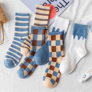 

New style Blue 6 Patterns Lattice stripes Spring Summer Skateboard Lady Girl Women Fashion Socks Casual