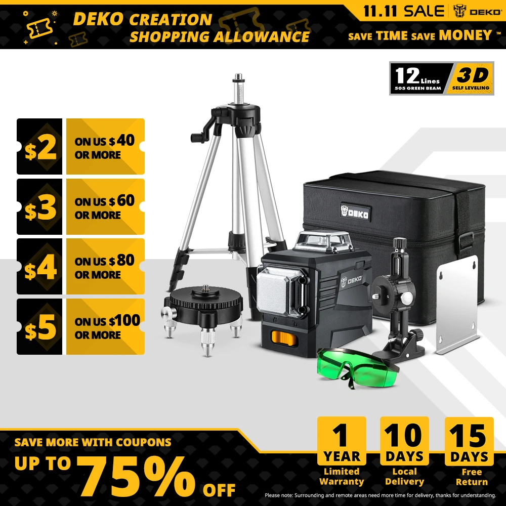 PROD 1005001758332160 DEKO DKLL12PB Series 12 Lines 3D Laser Level
Self-Leveling 360 Degrees Horizontal&Vertical Cross Super Powerful
GREEN Laser Beam